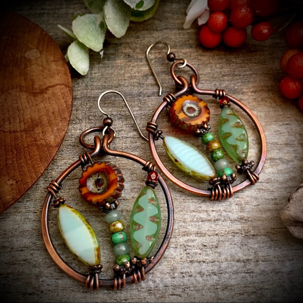 Copper wire wrap floral beaded dangle earrings